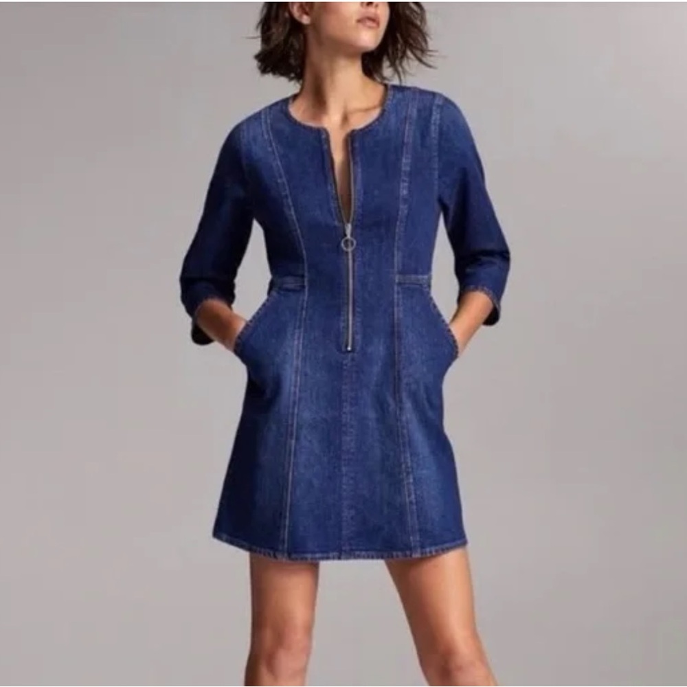 Aritzia Aritzia Denim Forum Jackie O Denim Dress Zip Up Mini Dress Blue size 4